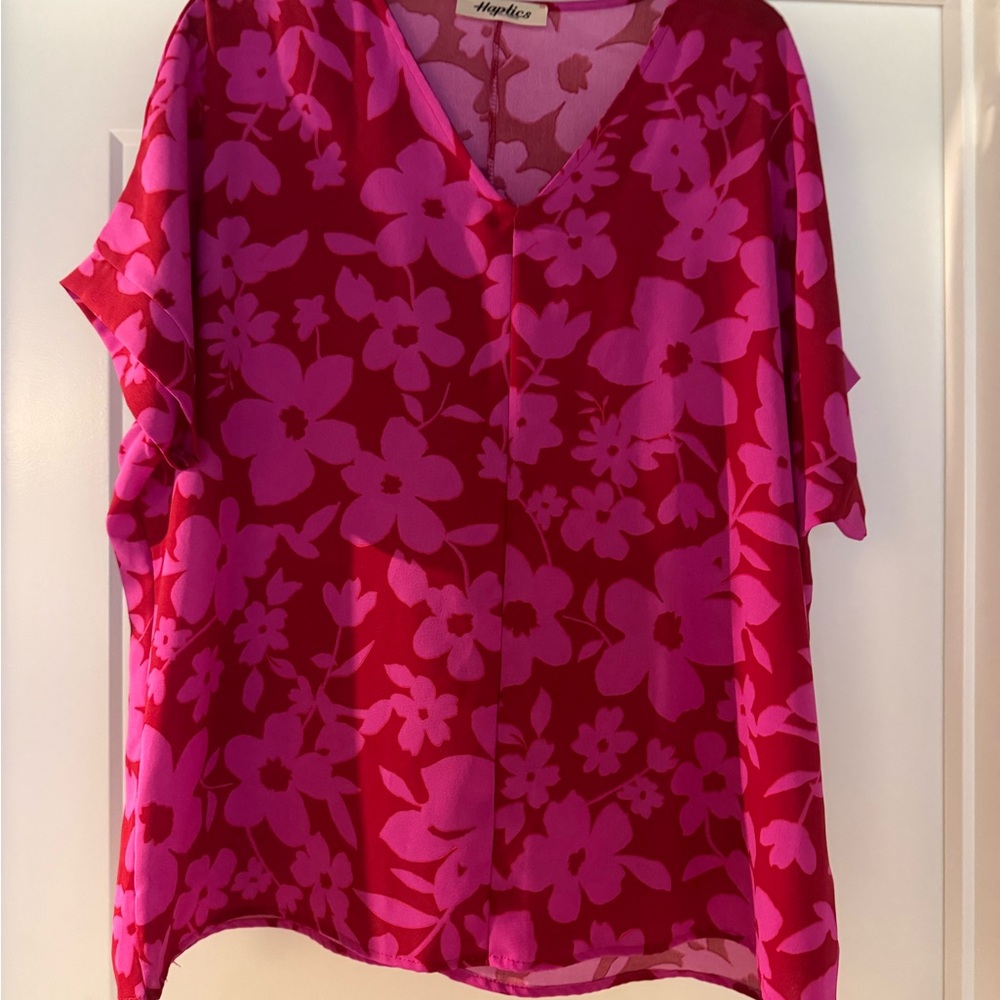 Floral V-Neck Blouse - Red and Pink